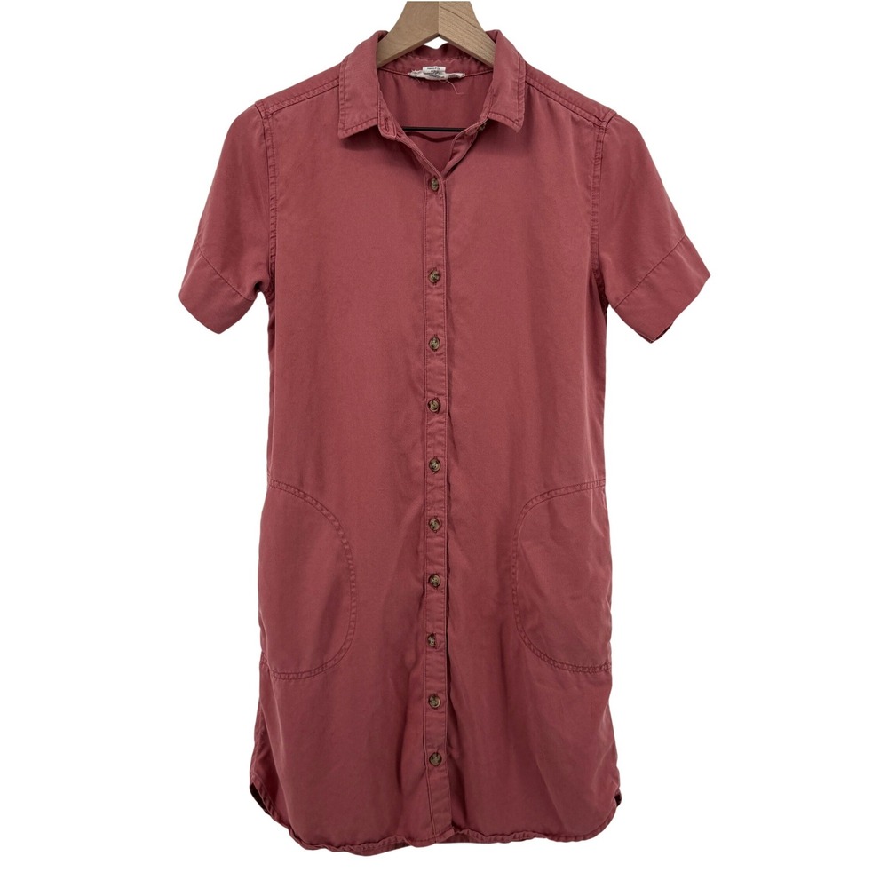 Lucky Brand Button Front Short Sleeve Shirt Dress Mauve Pink Women XS Pockets